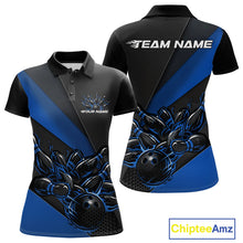 Load image into Gallery viewer, Front and back mockup of women’s black and blue polo shirt featuring flame bowling ball striking pins in clean modern sports apparel presentation.