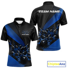 Load image into Gallery viewer, Front and back view mockup of a men’s black and blue polo shirt featuring a flame bowling ball striking pins in a clean, modern sports apparel design.