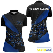 Load image into Gallery viewer, Womens quarter zip bowling shirt mockup, black and blue colorway showcasing flaming bowling ball hitting pins energetic design