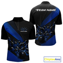 Load image into Gallery viewer, Front and back apparel mockup showing a black and blue men’s quarter zip shirt with flame bowling ball striking pins, presented in a clean studio-style layout.