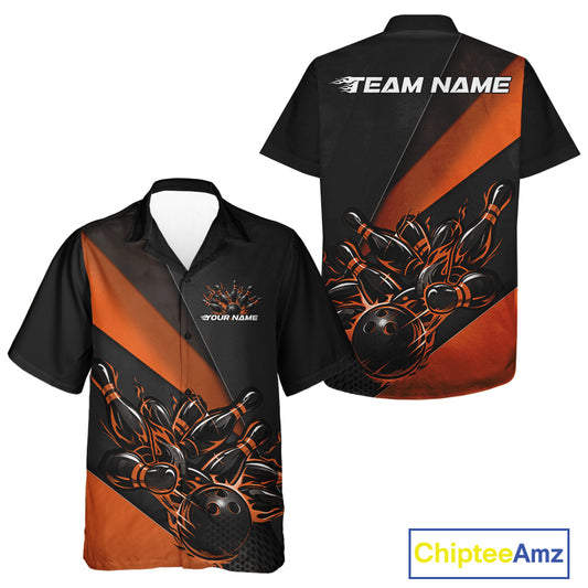 Front and back view of a black and orange button-up bowling shirt mockup featuring flame bowling ball and pins dynamic bowling action design.