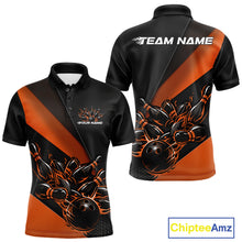 Load image into Gallery viewer, Front and back view mockup of a men’s black and orange polo shirt featuring a flame bowling ball striking pins in a vibrant sports apparel presentation.