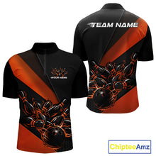 Load image into Gallery viewer, Front and back view mockup of a men’s quarter zip shirt in black and orange with a flame bowling ball knocking down pins, presented as a clean apparel display.