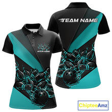 Load image into Gallery viewer, Front and back mockup of women’s black and turquoise blue polo shirt featuring flame bowling ball striking pins in modern athletic apparel style.