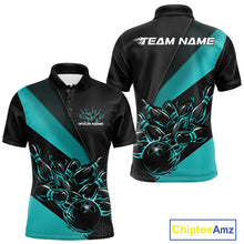 Load image into Gallery viewer, Front and back view mockup of a men’s black and turquoise blue polo shirt featuring a flame bowling ball striking pins in a clean, modern sports apparel style.