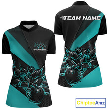 Load image into Gallery viewer, Womens quarter zip bowling shirt mockup, black and turquoise blue version with flaming bowling ball striking pins dynamic design