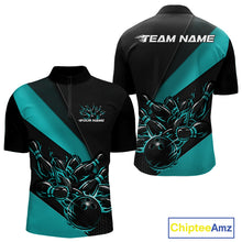 Load image into Gallery viewer, Mens quarter zip bowling shirt mockup, black and turquoise blue version featuring flaming bowling ball striking pins energetic artwork