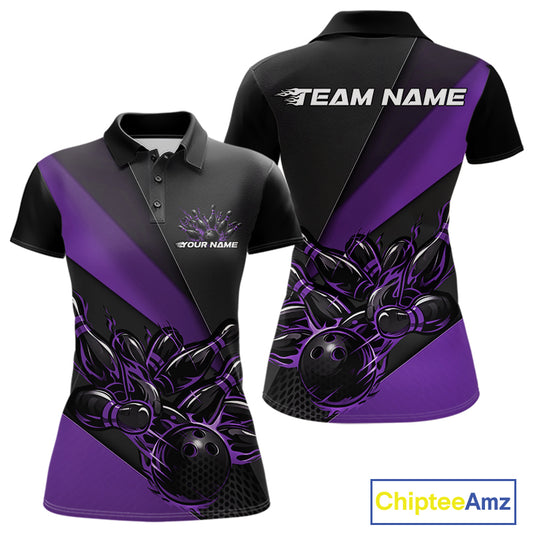 Front and back mockup of women’s black and purple polo shirt featuring flame bowling ball striking pins in vibrant sportswear presentation.