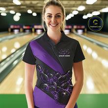 Load image into Gallery viewer, Female model front view in bowling lane wearing black and purple polo shirt with flaming bowling ball hitting pins in energetic sports action design.