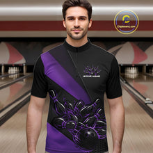 Load image into Gallery viewer, Male model front view inside bowling venue wearing black and purple quarter zip shirt showcasing flame bowling strike artwork