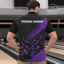 Load image into Gallery viewer, Male model front view at bowling lane wearing black and purple quarter zip shirt with flaming bowling ball knocking down pins design