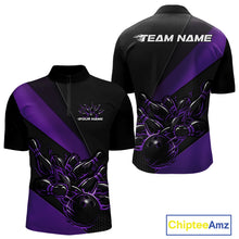 Load image into Gallery viewer, Mens quarter zip bowling shirt mockup, black and purple version featuring flaming bowling ball hitting pins dynamic illustration