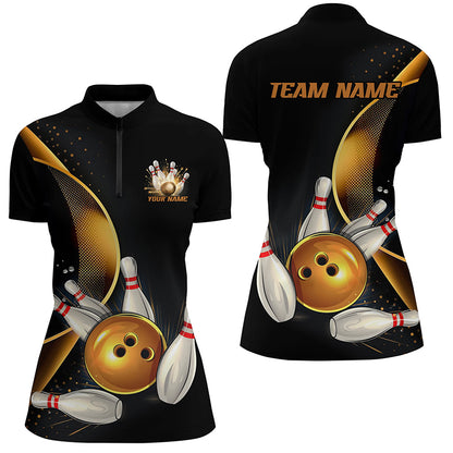 Custom Black And Gold Bowling Team Shirts For Women, Unisex Bowling League Shirts IPHW6616