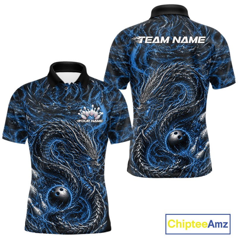 Custom sublimated bowling polo shirt with an mid blue oriental dragon design wrapping around a bowling ball
