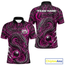 Load image into Gallery viewer, Custom sublimated bowling polo shirt with an pink oriental dragon design wrapping around a bowling ball
