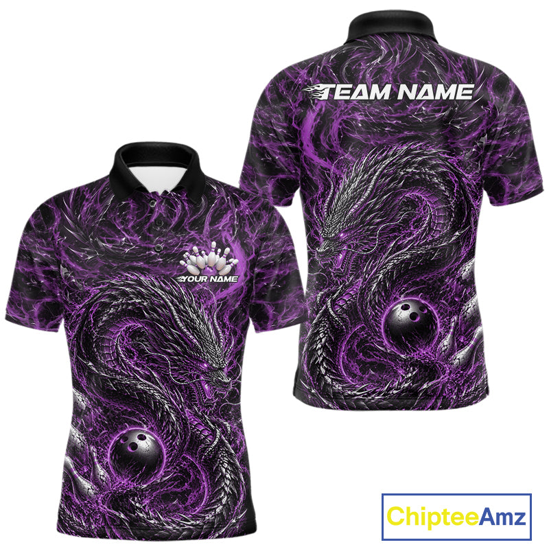 Custom sublimated bowling polo shirt with an purple oriental dragon design wrapping around a bowling ball