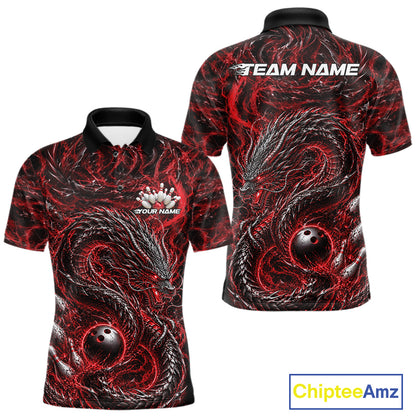 Custom sublimated bowling polo shirt with an red oriental dragon design wrapping around a bowling ball