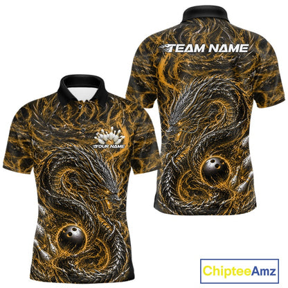 Custom sublimated bowling polo shirt with an yellow oriental dragon design wrapping around a bowling ball