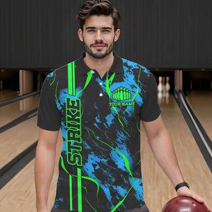 Black, Green And Blue Strike Bowling Polo Shirts, Custom Mens Bowling Team Shirts Bowling Jerseys IPHW5263