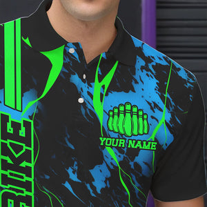 Black, Green And Blue Strike Bowling Polo Shirts, Custom Mens Bowling Team Shirts Bowling Jerseys IPHW5263