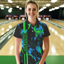 Load image into Gallery viewer, Black, Green And Blue Strike Bowling Polo Shirts, Custom Womens Bowling Team Shirts IPHW5263