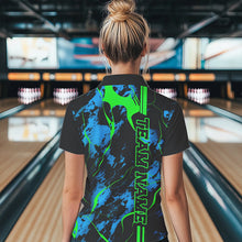 Load image into Gallery viewer, Black, Green And Blue Strike Bowling Polo Shirts, Custom Womens Bowling Team Shirts IPHW5263