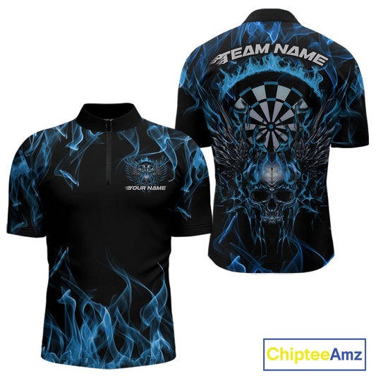 Custom Blue Flame Skull With Wings Dart Quarter-Zip Shirt For Men, Halloween Dart Outfit IPHW10042