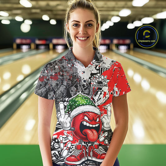 Custom Funny Christmas Bowling Women Polo Shirts, Crazy Bowling Ball Xmas Outfit IPHW10129