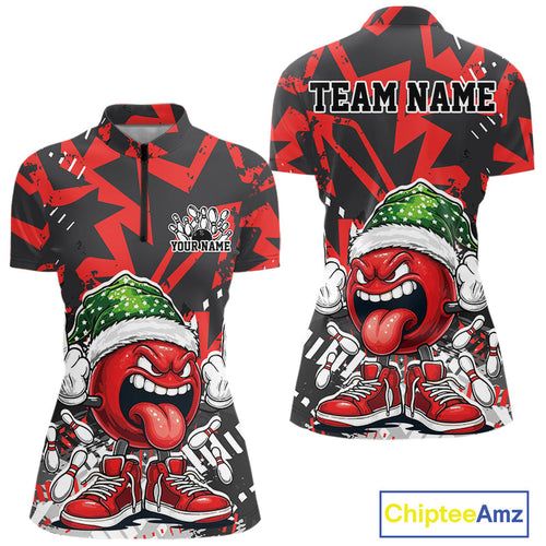 Custom Funny Christmas Bowling Women Quarter-Zip Shirts, Crazy Bowling Ball Xmas Outfit IPHW10130