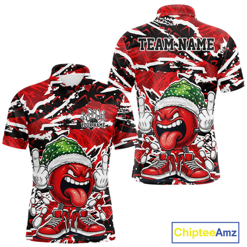 Custom Funny Christmas Bowling Men Polo Shirts, Crazy Bowling Ball Xmas Outfit IPHW10131