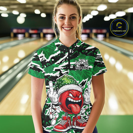 Custom Funny Christmas Bowling Women Quarter-Zip Shirts, Crazy Bowling Ball Xmas Outfit IPHW10132