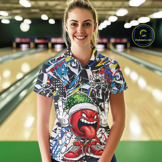 Custom Funny Colorful Christmas Bowling Women Polo Shirts, Crazy Ball Xmas Outfit IPHW10133