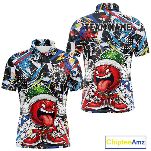 Custom Funny Colorful Christmas Bowling Men Polo Shirts, Crazy Bowling Ball Xmas Outfit IPHW10133