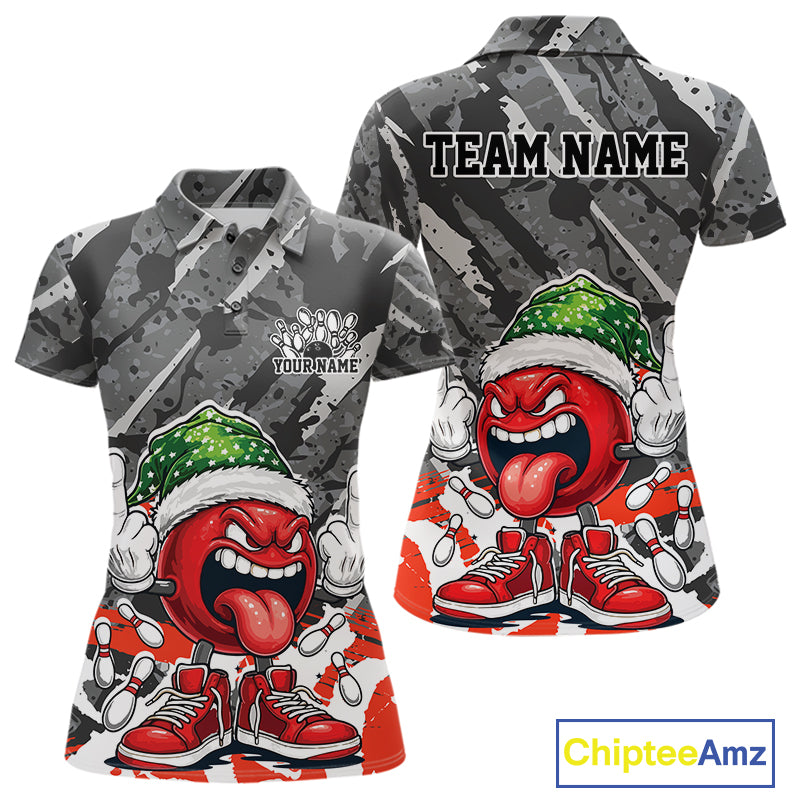 Custom Funny Christmas Bowling Women Polo Shirts, Crazy Bowling Ball Xmas Outfit IPHW10134