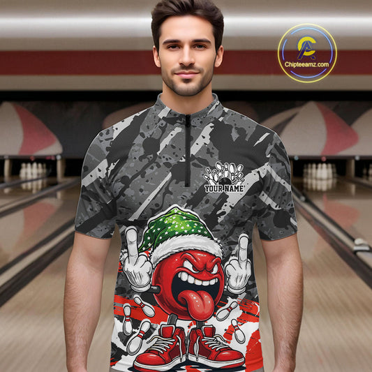 Custom Funny Christmas Bowling Men Quarter-Zip Shirts, Crazy Bowling Ball Xmas Outfit IPHW10134