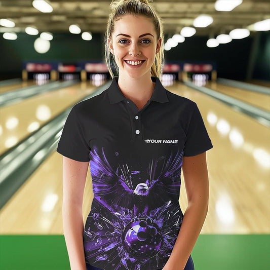 Black And Purple Eagle Break Glass Custom Bowling Polo Shirts For Women, Bowling Team Shirt IPHW8397