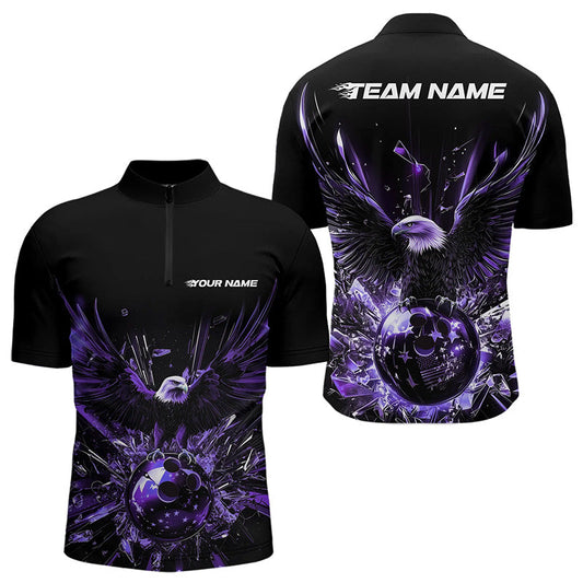Black And Purple Eagle Break Glass Custom Bowling Quarter-Zip Shirts For Men, Bowling Team Shirt IPHW8397