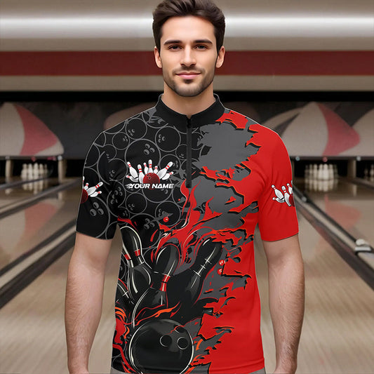 Custom Black And Red Flame Bowling Quarter-Zip Shirts For Men, Bowling Tournament Team Uniform IPHW8616