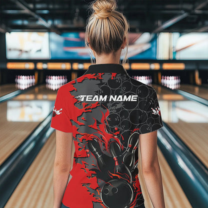 Custom Black And Red Flame Bowling Women Quarter-Zip Shirt, Bowling Tournament Team Uniform IPHW8616