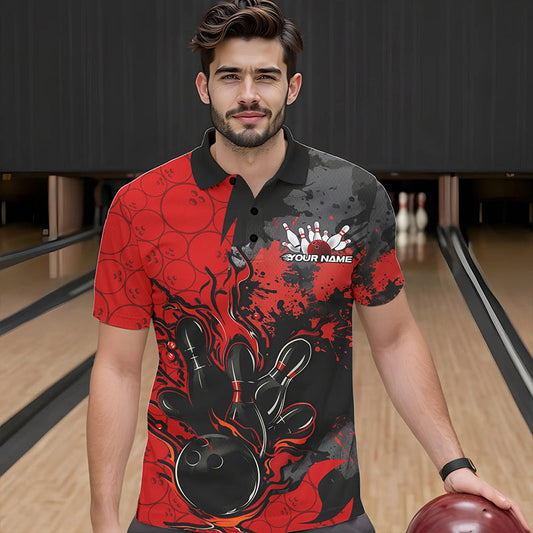 Custom Black And Red Splatter Camo Flame Bowling Polo Shirts For Men, Bowling Team Uniform IPHW8625