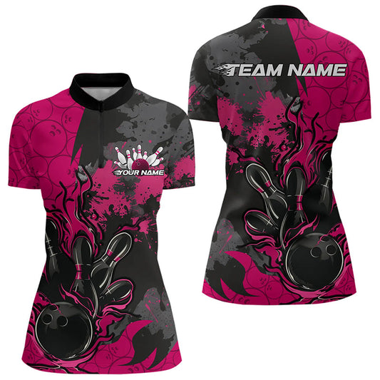 Custom Black And Pink Splatter Camo Flame Bowling Womens Quarter-Zip Shirt, Team Uniform IPHW8626