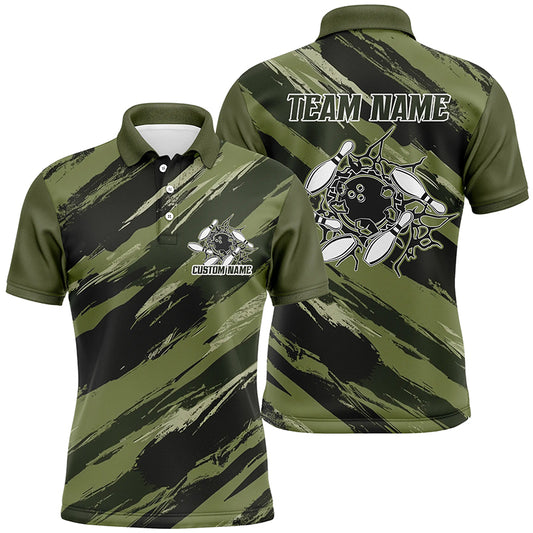 Custom Navy Green Camo Bowling Shirts For Men And Women, Bowling Strike Team Shirts IPHW6449