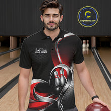 Load image into Gallery viewer, Male model in a bowling lane wearing a black and red polo shirt with honeycomb texture and a heart-framed bowling strike illustration.