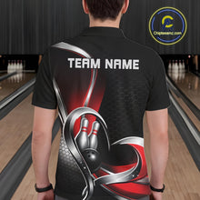 Load image into Gallery viewer, Back view of a male model in a bowling venue wearing a black and red polo shirt, showcasing honeycomb pattern and heart-shaped bowling action graphic.