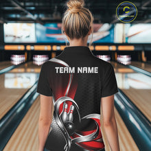 Load image into Gallery viewer, Back view of a female model in a bowling lane wearing a black and red polo shirt, showcasing honeycomb texture with a heart-shaped bowling action graphic.