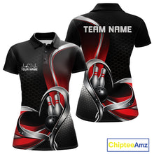 Load image into Gallery viewer, Front and back view of a womens bowling polo shirt mockup in black and red, featuring honeycomb pattern with a heart-shaped bowling ball striking pins.