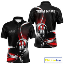 Load image into Gallery viewer, Front and back view of a mens bowling polo shirt mockup in black and red, featuring honeycomb pattern with a heart-shaped bowling ball striking pins.