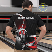 Load image into Gallery viewer, Male model in a bowling alley wearing a black and red quarter zip shirt, showcasing honeycomb texture with a heart-shaped bowling action scene.