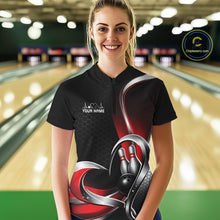 Load image into Gallery viewer, Female model at a bowling lane wearing a black and red quarter zip shirt, showing honeycomb graphics with a heart framing a bowling ball hitting pins.