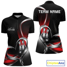 Load image into Gallery viewer, Front and back view of a womens bowling quarter zip shirt mockup in black and red, featuring honeycomb pattern and heart-shaped bowling strike artwork with ball and pins.